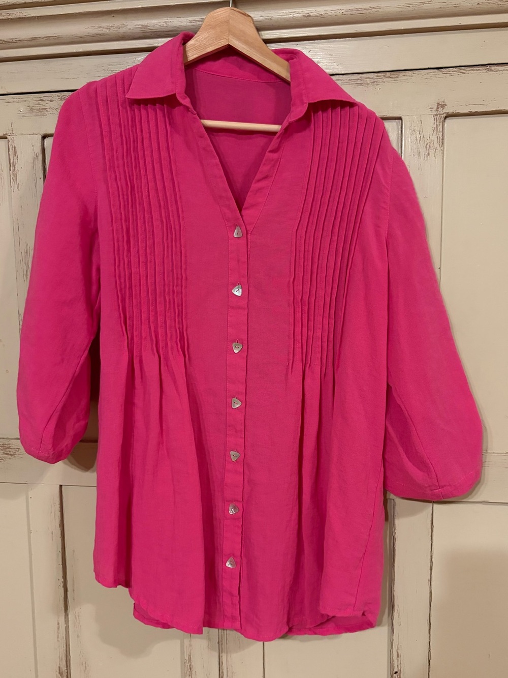 Fridaze Linen Pintuck Pleated Button Front Tunic Top Beach Lagenlook Barbie M